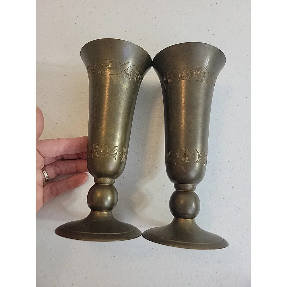Brass Bud Vase Pair Vintage Etched Floral Farmhouse Decor Antique Gold